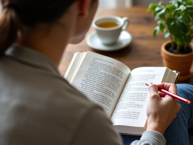 Persona che legge un libro sulla nutrizione o prende appunti in un ambiente accogliente