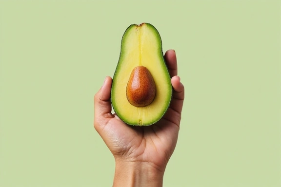 Mano che tiene un avocado tagliato, simbolo di grassi sani.