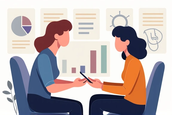 Illustrazione di un professionista che offre consulenza a un cliente, con grafici e dati sullo sfondo.