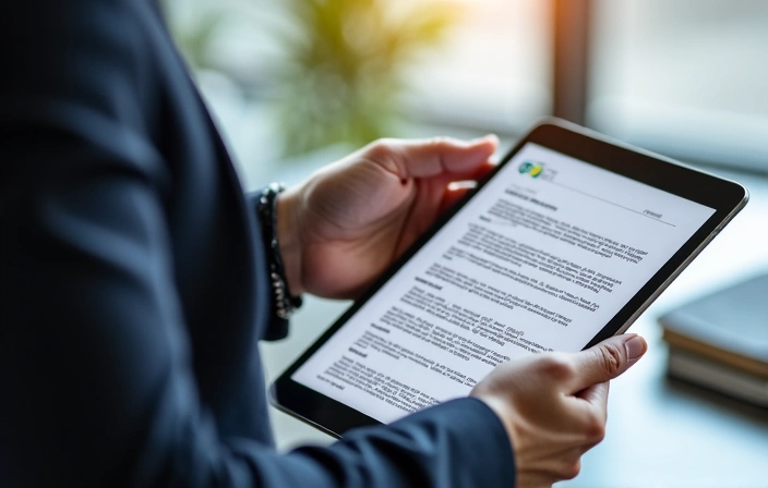 Una persona che legge un documento legale o un contratto su un tablet.